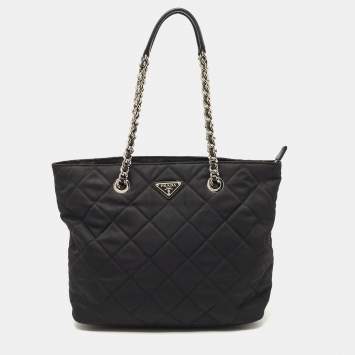 مملوكة مسبقًا Prada Black Quilted Tessuto Impuntu Chain Tote