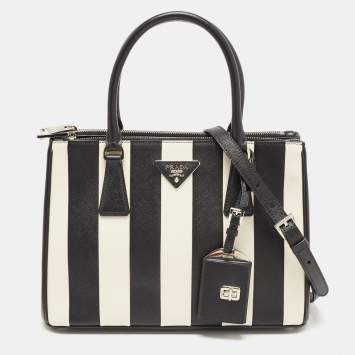 Pre Owned Prada Black/White Saffiano Leather Small Stripe Double Zip Tote