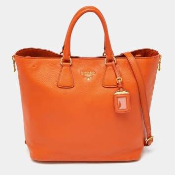 Pre Owned Prada Orange Vitello Daino Leather Large Shopping Tote