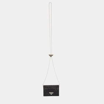 Pre Owned Prada Black Satin Crystals Embellished Triangular Logo Card Case with Chain 