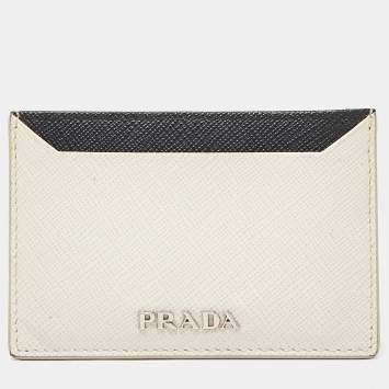 Pre Owned Prada Off White/Black Saffiano Leather Card Holder
