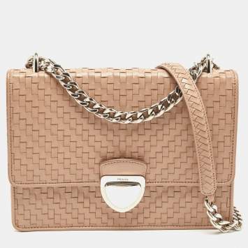 Pre Owned Prada Beige Madras Woven Leather Chain Flap Bag