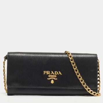 Pre Owned Prada Black Saffiano Move Leather Oro Chain Wallet On chain
