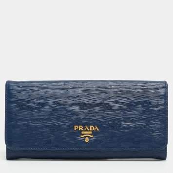 Pre Owned Prada Navy Blue Move Leather Logo Flap Continental Wallet