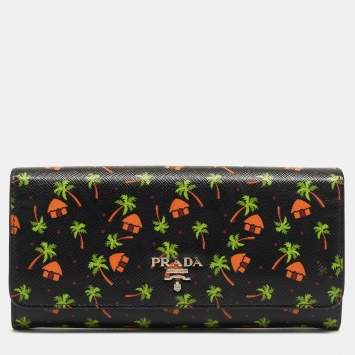 Pre Owned Prada Black Leather Palm Tree Print Flap Continental Wallet