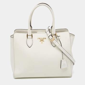 Pre Owned Prada Two Tone Off White Saffiano Lux/Soft Leather Convertible Tote