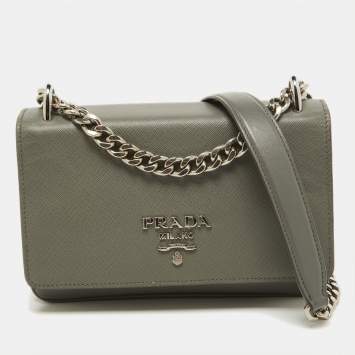 Pre Owned Prada Grey Saffiano Leather Flap Crossbody Bag