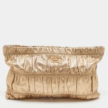 Pre Owned Prada Gold Gaufre Leather Zip Clutch