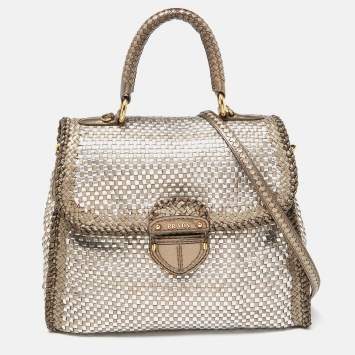 Pre Owned Prada Metallic Silver Woven Madras Leather Top Handle Bag