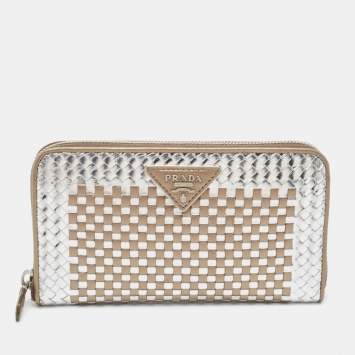 Pre Owned Prada Gold/Silver Woven Madras Leather Zip Around Wallet