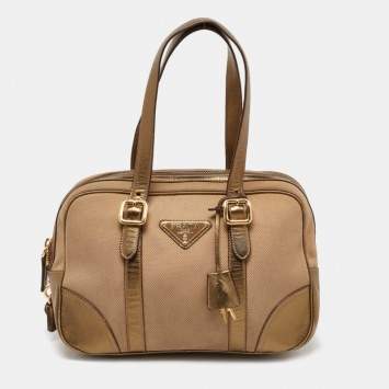 Pre Owned Prada Beige/Gold Canvas and Leather Zip Satchel