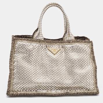 Pre Owned Prada Silver/Two Tone Metallic Beige Madras Leather Tote