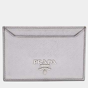 Pre Owned Prada Metallic Silver Saffiano Leather Card Holder
