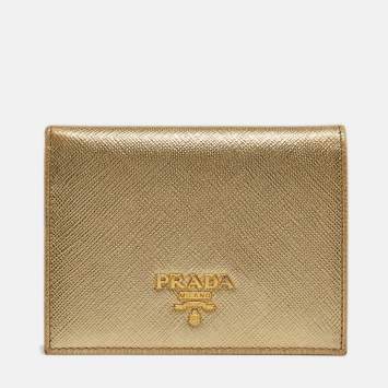 Pre Owned Prada Gold Saffiano Metal Leather Logo Bifold Wallet