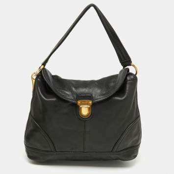 Pre Owned Prada Black Soft Leather Pushlock Flap Hobo