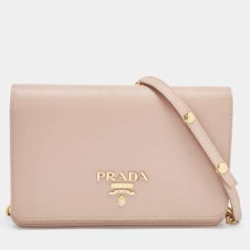 Pre Owned Prada Beige Saffiano Leather Wallet on Chain