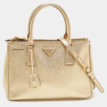 Pre Owned Prada Gold Saffiano Lux Leather Small Double Zip Tote