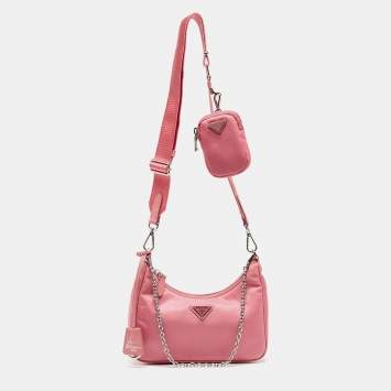 Pre Owned Prada Light Pink Nylon and Leather Re-Edition 2005 Baguette Bag