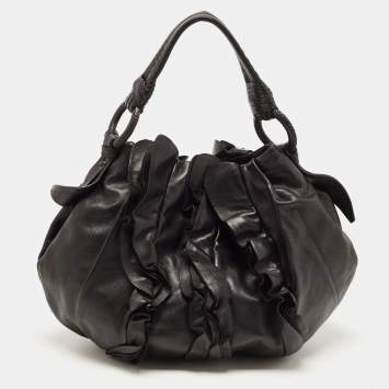 Pre Owned Prada Black Leather Ruffle Shoulder Bag