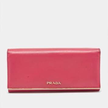 Pre Owned Prada Pink Saffiano Leather Metal Detail Continental Wallet