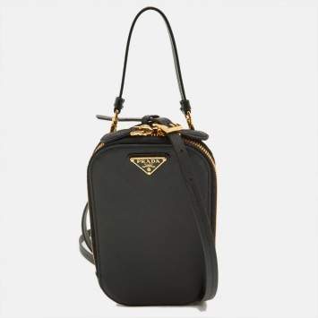 مملوكة مسبقًا Prada Black Saffiano Lux Leather Logo Phone Crossbody Bag