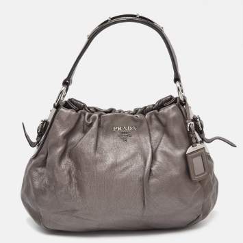 Pre Owned Prada Metallic Grey Pleated Leather Hobo