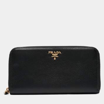 Pre Owned Prada Black Vitello Diano Leather Zip Around Continental Wallet