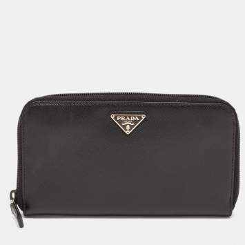 Pre Owned Prada Black Saffiano Metal Leather Zip Around Wallet