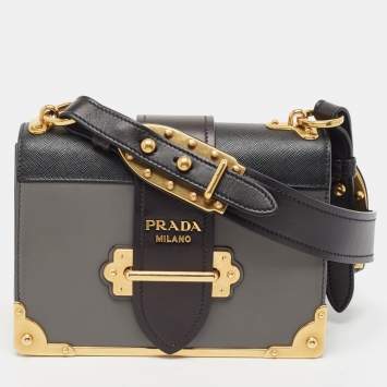 Pre Owned Prada Black/Grey Saffiano Leather Cahier Flap Shoulder Bag