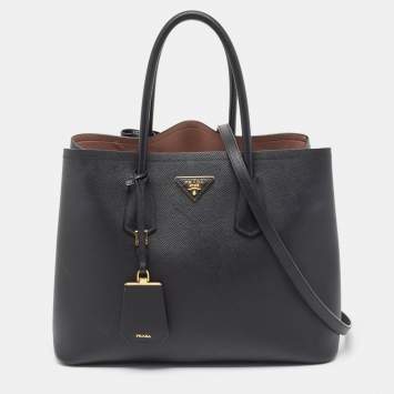 Pre Owned Prada Black Saffiano Cuir Leather Large Double Handle Tote