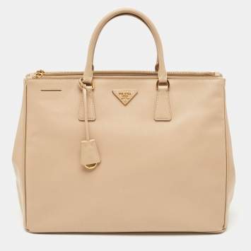 Pre Owned Prada Light Beige Saffiano Lux Leather Executive Double Zip Tote