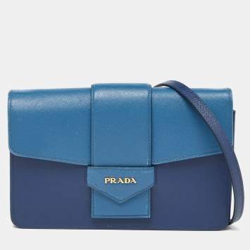 Pre Owned Prada Two Tone Blue Saffiano Leather Flap Crossbody Bag