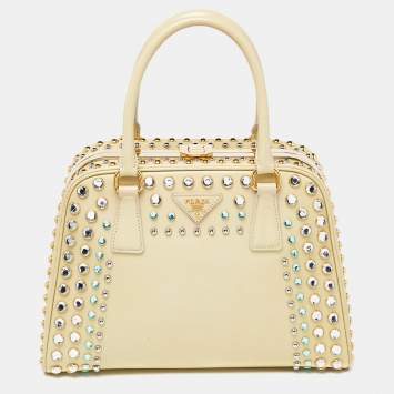 Pre Owned Prada Light Yellow Saffiano Lux Patent Leather Studded Pyramid Frame Satchel
