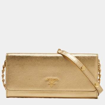 Pre Owned Prada Gold Saffiano Metal Leather Wallet on Chain