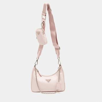 Pre Owned Prada Light Pink Nylon and Leather Re-Edition 2005 Baguette Bag