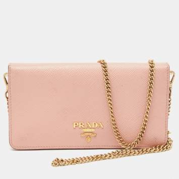 Pre Owned Prada Pink Saffiano Cuir Leather Wallet On Chain