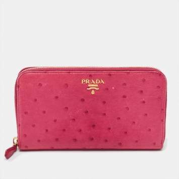 Pre Owned Prada Magenta Ostrich Zip Around Continental Wallet