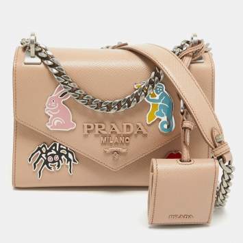Pre Owned Prada Beige Saffiano Leather Small Monochrome Embellished Shoulder Bag