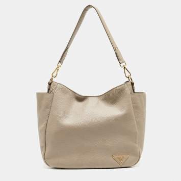 Pre Owned Prada Grey Vitello Daino Leather Side Pocket Zip Hobo