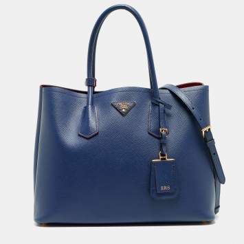 Pre Owned Prada Blue Saffiano Cuir Leather Large Double Handle Tote