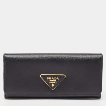 Pre Owned Prada Black Saffiano Leather Flap Continental Wallet