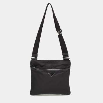 Prada Black Nylon and Leather Triangular Logo Messenger Bag