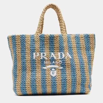 Pre Owned Prada Tan/Light Blue Crochet Straw Large Tote