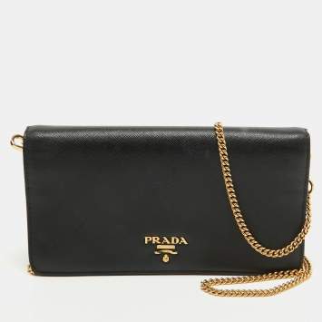 Pre Owned Prada Black Saffiano Lux Leather Logo Flap Wallet On Chain