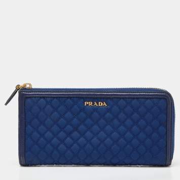 Pre Owned Prada Navy Blue Quilted Nylon and Leather Logo Zip Around Wallet