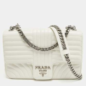 Pre Owned Prada White Diagramme Leather Flap Crossbody Bag