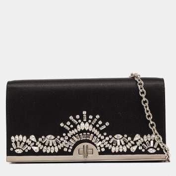 Pre Owned Prada Black Satin Crystals Embellished Flap Chain Clutch