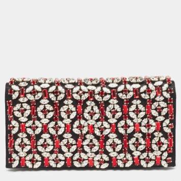 Pre Owned Prada Black/Red Satin Crystals Embellished Flap Clutch