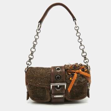 Pre Owned Prada Dark Brown Wool and Learher Crystals Embellished Buckle Flap Bag