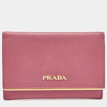 Pre Owned Prada Pink Saffiano Leather Flap Metal Card Holder